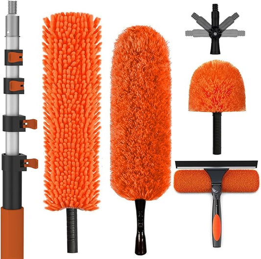 SISUPASSIE 20FT Reach High Ceiling Duster Kit, Window Cleaning kit with 3-12FT Extension Pole, Fan Duster for Ceiling Fan Blades, Microfiber Feather Duster, Rotatable Window Squeegee and Cobweb Duster