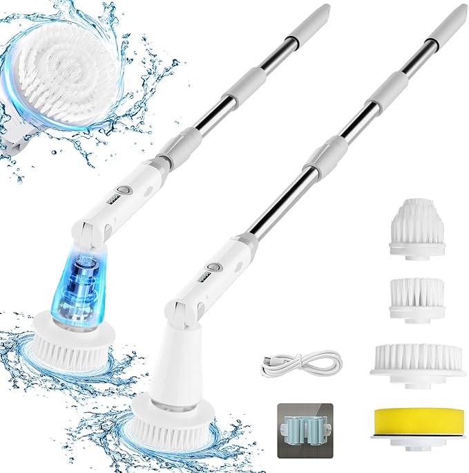 Electric Spin Scrubber, Bathroom Cleaner, Power Shower Cleaning Brush with Extendable Handle & 4 Brush Heads, Shower Scrubber for Bathtub Tile Grout Kitchen Window and Floor