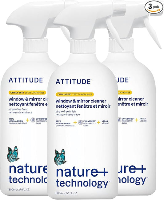 ATTITUDE Window & Mirror Cleaner, EWG Verified, Plant- & Mineral-Based, Vegan & Streak-Free Glass Spray, Citrus Zest Scent, 27.1 Fl Oz (Pack of 3)