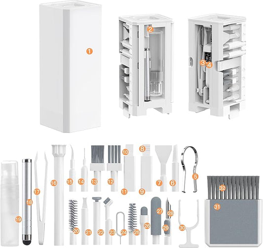 Keyboard Cleaning Kit Laptop Cleaner, 32-in-1 Computer Screen Cleaning Brush Tool, Multi-Function PC Electronic Cleaner Kit for iPad iPhone Pro, Earbuds, Camera Monitor(White)
