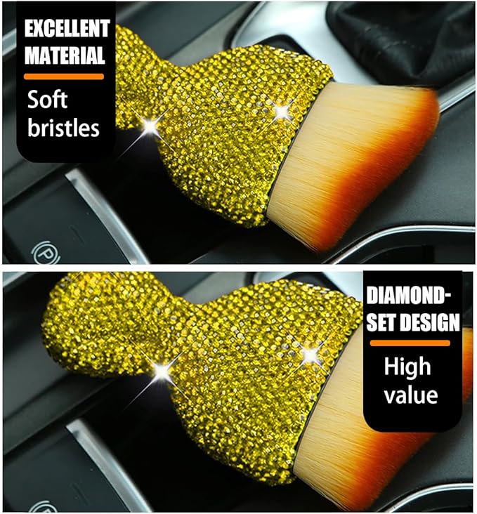 zipelo Auto Interior Dust Brush, Car Detailing Cleaning Brush with Diamond, Bling Handle Soft Bristles Dusting Tool, Scratch Free Dirt Clean Brushes for Vehicle Air Conditioner Vent (Yellow)