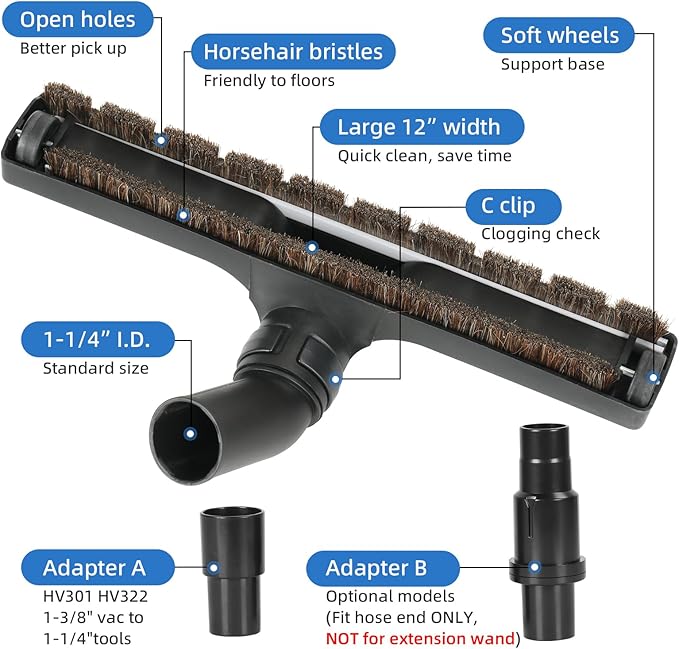 Hardwood Floor Brush Vacuum Attachment Compatible with Shark Corded Stick Rocket HV301 HV322, 1-1/4" Accessories with Adapters (Hardfloor Brush)