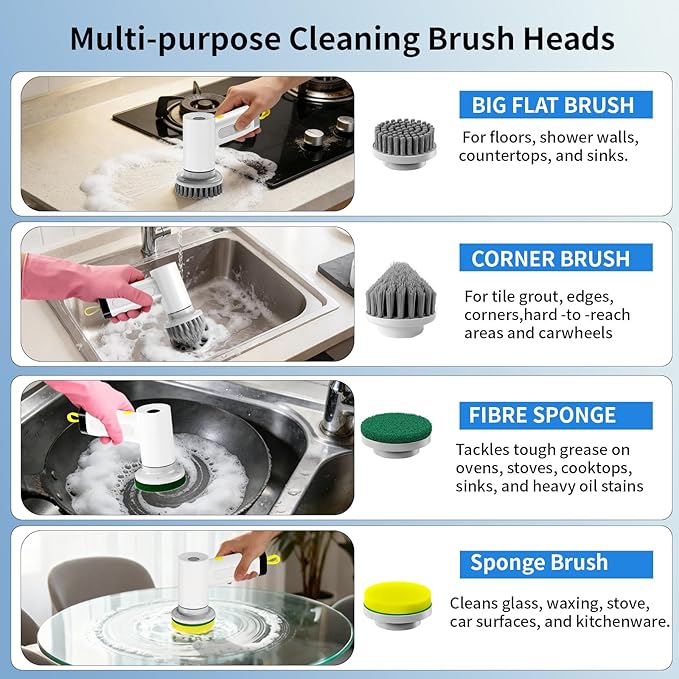 3000mAh Cordless Electric Spin Scrubber, 20W High-Torque IPX7 Waterproof Cleaning Brush with 6 Replaceable Heads, Dual Speed 150-180 Mins Runtime for Kitchen Bathroom Car