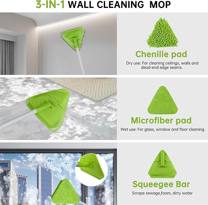 Wall & Baseboard Cleaner Mop Tool with 82'' Long Handle, 360 Degree Rotating 3-in-1 Ceiling Cleaning Tool Duster for Cleaning Painted Walls, Window, Floor, 6 Replacement Microfiber Chenille Pads