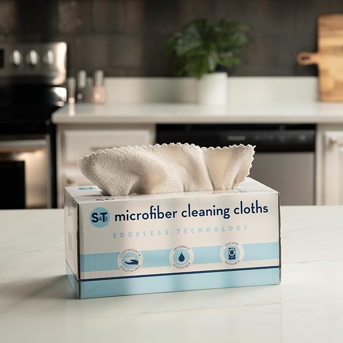 S&T INC. 50 Pack Microfiber Cleaning Cloth with Box, Bulk Towels for Home, Reusable Microfiber Towels for Cars, Cleaning Rags, Beige, 190gsm, 11.8 Inches x 11.8 Inches, 50 Count