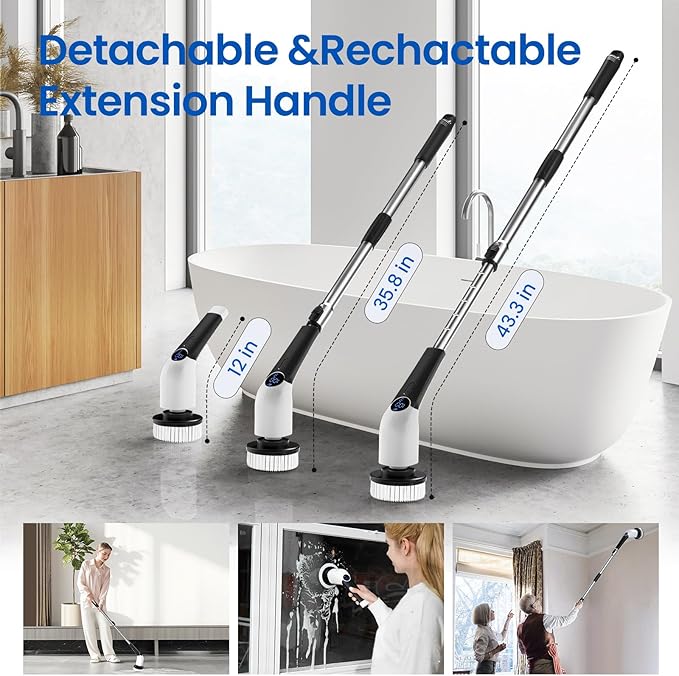 Jorking Electric Spin Scrubber, Cordless Power Scrubber Up to 420RPM Powerful Cleaning, Shower Scrubber for Cleaning Bathtub, Tile and Floor with 8 Types of Replaceable Brush Heads, Voice Broadcast