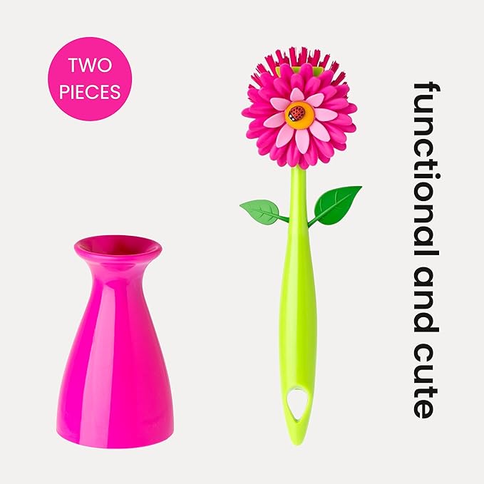 Vigar Flower Power Dish Brush with Handle and Vase Holder - Dish Scrub Brush for Dishes, Kitchen Scrub Brush, Dish Brush with Handle, Sink Cleaning Brush, Pot Scrubber, Dishwashing Brush - Pink