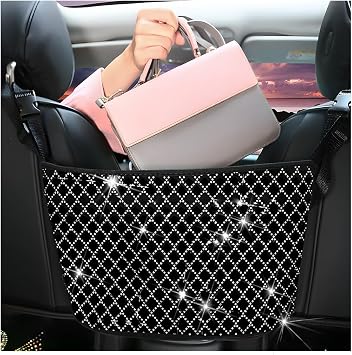 zipelo Bling Car Net Pocket Handbag Holder, Rhinestone Vehicle Backseat Purse Organizer Between Seats, Diamond Hanging S