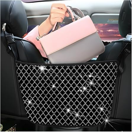 zipelo Bling Car Net Pocket Handbag Holder, Rhinestone Vehicle Backseat Purse Organizer Between Seats, Diamond Hanging S