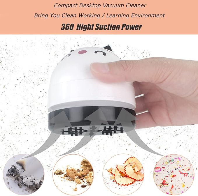 YUNYILAN Mini Desktop Vacuum Cleaner, Portable USB Vacuum Cleaner for Desk Mini Cute Cartoon Desktop Vacuum for Cleaning Eraser Crumbs, Dust, Crumbs, Computer, Keyboard and Car (White)