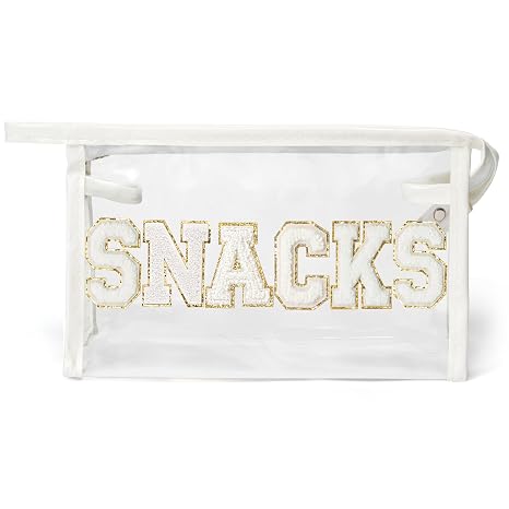 Y1tvei SNACKS Clear Makeup Bag - Preppy Patch White Chenille Varsity Letter Transparent PVC Large Cosmetic Pouch Portabl