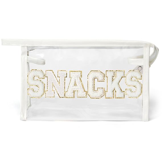 Y1tvei SNACKS Clear Makeup Bag - Preppy Patch White Chenille Varsity Letter Transparent PVC Large Cosmetic Pouch Portabl