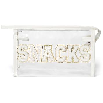 Y1tvei SNACKS Clear Makeup Bag - Preppy Patch White Chenille Varsity Letter Transparent PVC Large Cosmetic Pouch Portabl