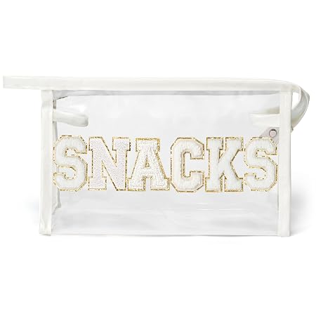 Y1tvei SNACKS Clear Makeup Bag - Preppy Patch White Chenille Varsity Letter Transparent PVC Large Cosmetic Pouch Portabl
