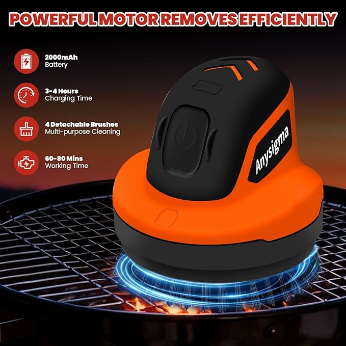 Electric Grill Brush for Outdoor Grill- 4 Replaceable Heads, 3000mAh IPX7 Waterproof BBQ Cleaning Scrubber for Kitchen & Car & Bathroom - Ideal Mother’s for Grill Lovers, Dad, Mom