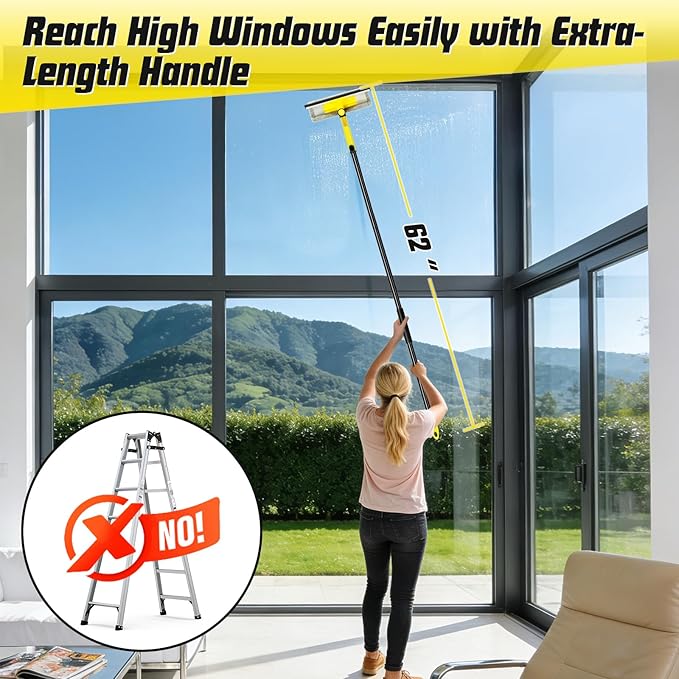Window Squeegee with Extension Pole for Home, Professional Squeegee for Window Cleaning Tool Kit with Scrubber, 2 in 1 Rotatable Window Washing Kit for Car Glass Shower Indoor & Outdoor High Windows