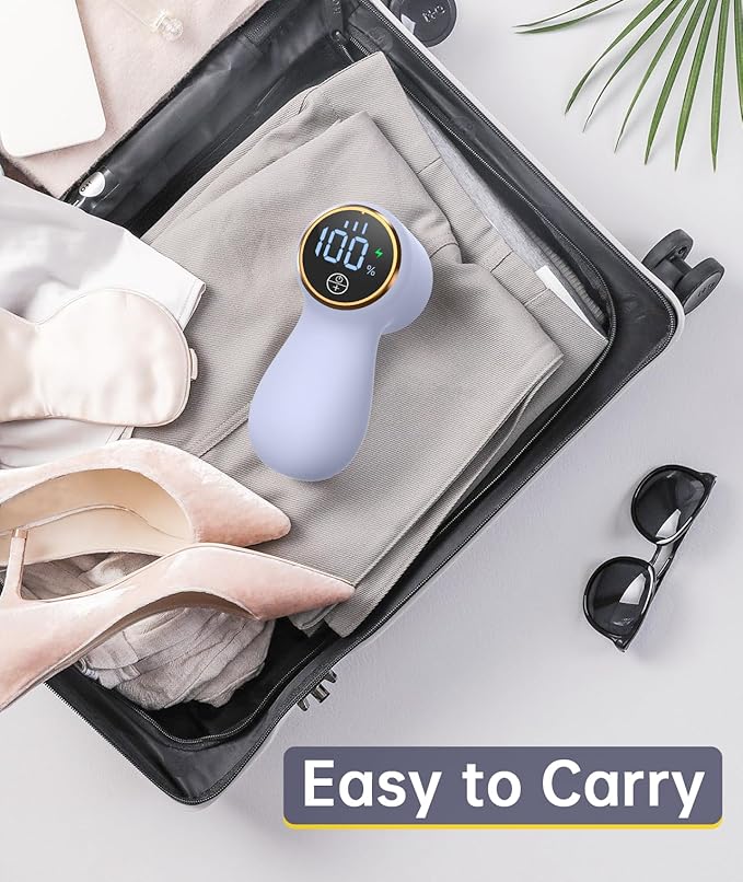 Rechargeable Fabric Shaver Lint Remover, Sweater Shaver with 3-Speed Control, LED Display Clothes Shaver, 6-Leaf Stainless Steel Blades, Suitable for Clothes, Sweater, Couch, Blanket, Wool (Purple)