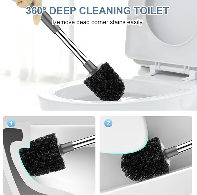 SetSail Toilet Brush and Holder 4 Pack, Self Closing Lid Toilet Bowl Brushes Holder Extra Long Handle Ventilated Toilet Brush Set for Bathroom Cleaning, Nylon Bristles, Grey