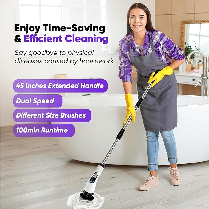 Electric Spin Scrubber Cordless – Powerful Bathroom Cleaning Brush with Long Handle, 2 Speeds, 3000mAh Rechargeable, 7 Brush Heads, Wall Hanger & Crevice Tools – Shower, Tub & Tile Cleaner