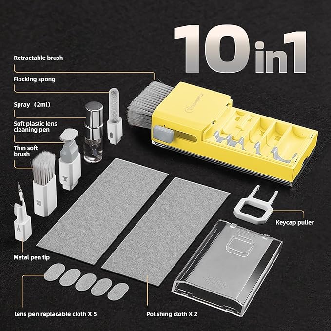 Tassmpitor Laptop Screen Keyboard Cleaner Kit, All in 1 Electronics Cleaning Tool for MacBook iPad iPhone Pro Cell Phone, Brush Tool for Tablet, Computer, PC Monitor,TV Camera Lens with Patent, Yellow