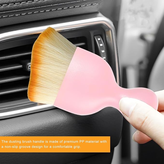 Car Interior Detailing Brush, Curved Car Interior Cleaning Brush with Ultra Soft Bristles & Dust Cover, Scratch-Free Auto Dusting Brushes for Dashboard AC Vent Leather (Pink)