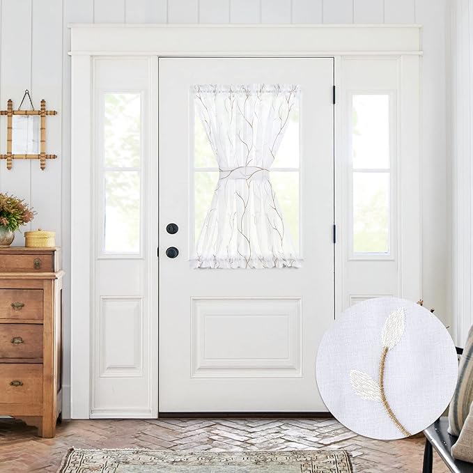jinchan Sheer Door Curtain 40 Inches Floral Embroidered Semi-Sheer Embroidery Voile Floral French Door Curtain Light Filtering Drape Rod Pocket 1 Panel White