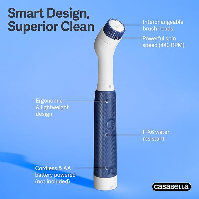 Casabella Handheld Spin Detail Scrubber, AA Battery Powered, 3 Brush Heads, White