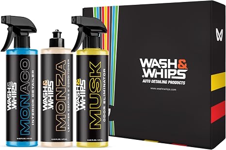 WASH&WHIPS CLEAN - Interior Car Wash Kit (Step 2) – Monaco Interior Cleaner, Musk Odor Eliminator, Monza Leather Conditi