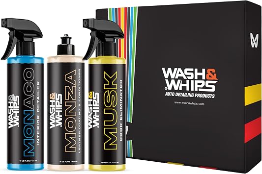 WASH&WHIPS CLEAN - Interior Car Wash Kit (Step 2) – Monaco Interior Cleaner, Musk Odor Eliminator, Monza Leather Conditi