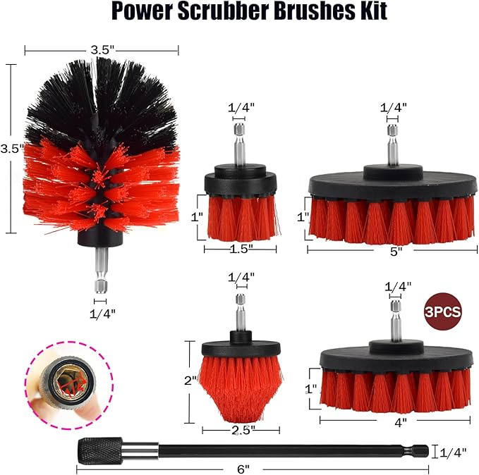 8 Pack Drill Brush Attachment Set, 1/4in Power Scrubber Brush + Extend Long Rod, Multi-Purpose Power Cleaning Scrub Brush for Bathroom, Tub, Tile, Corner, Floor(Red)