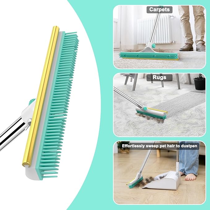 Carpet Rake for Pet Hair Removal - 60" Adjustable Long Handle Carpet Rake, 3 in 1 Reusable Pet Hair Removal Tool Kit, Cat Dog Fur Rakes Scraper Carpet Broom (White)