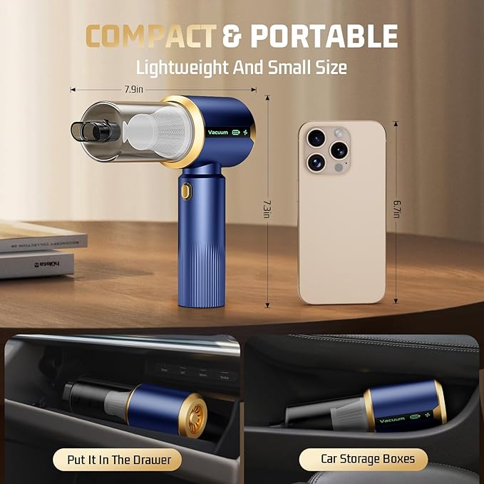 Cordless Car Vacuum Cleaner: Handheld Vacuum with 16000Pa Strong Suction, Brushless Motor & HEPA Filter, 7-in-1 Cleaning Kit, Type-C Charging for Home Office Car Pet - Navy Blue