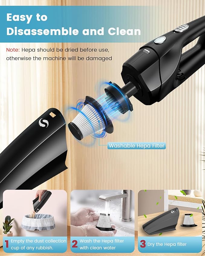 Handheld Vacuum Cordless Car Vacuum Cleaner Portable Rechargeable and Mini with Powerful Suction Includes Washable HEPA Filter and Lightweight for Car Home Office and Pet Hair