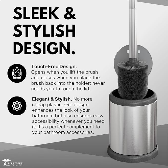 ToiletTree Products Toilet Brush with Lid - Sleek Toilet Bowl Brush and Holder - Toilet Scrubber Brush Set with Heavy-Weight Base - Lidded Toilet Bowl Cleaner Brush and Holder - Chrome (2 Pack)