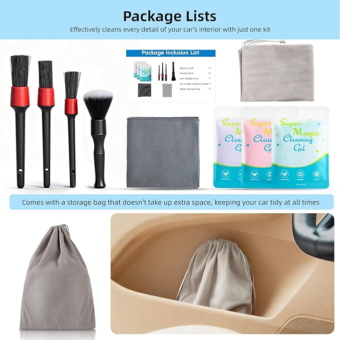 TICARVE 9Pcs Car Interior Detailing Kit - Car Cleaning Brushes, Universal Gel, Microfiber Towel and Storage Bag for Dashboard, Air Vents, Keyboard & Electronics