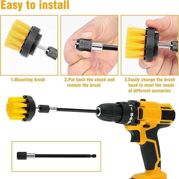 8 Pcs Drill Brush Attachment Set, Power Cleaning Scrub Brush Kit with Extend Long Attachment, All Purpose Drill Scrub Brushes for Car, Grout, Floor, Tub, Bathroom and Kitchen (Yellow)