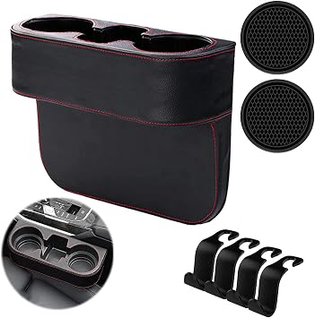 Car Seat Gap Filler Leather Cup Holder, Universal Organizer with 4 Car Hooks and 2 Cup Coasters