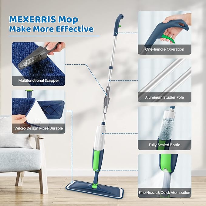 Spray Wet Mops for Hardwood Floor Cleaning: MEXERRIS Floor Mop with 5 Washable Pads for Swiffer Powermop & 2 Refillable Bottles - Home Commercial Dust Dry Mops for Wood Laminate Vinyl Tiles Ceramic