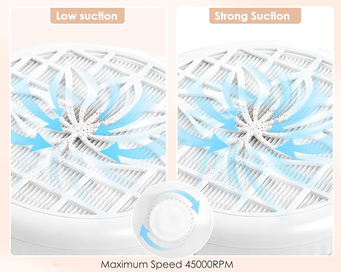 Nail Dust Collector for Nail Tech, 4500RPM Portable Nail Vacuum Fan with Adjustable Suction, 2Pcs Reusable Filter & Easy-Control for Beginners,Nail Students & Home Use, White