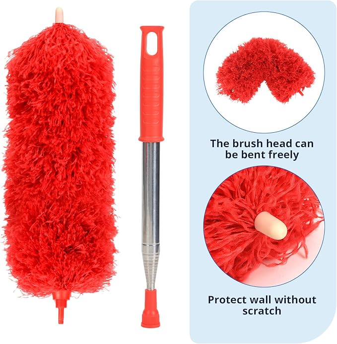 ZZ LAZYCOTTAGE Microfiber Duster with Extension Pole,Washable Bendable Head Ceiling Fan Duster,15-100 inch (Red)