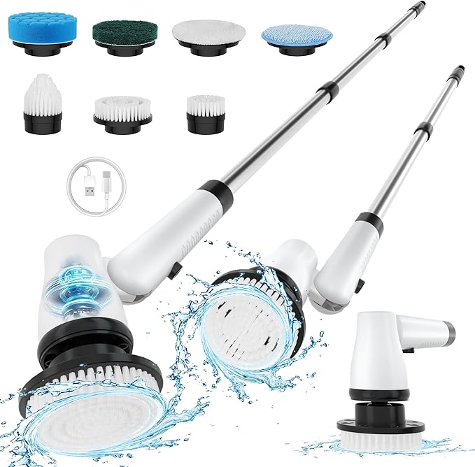 KEROMEE Electric Spin Scrubber Cordless Cleaning Brush with 7 Replaceable Brush Heads & Adjustable Extension Handle, 2 Speed Power Shower Scrubber for Bathroom, Tub, Tile, Floor (White)