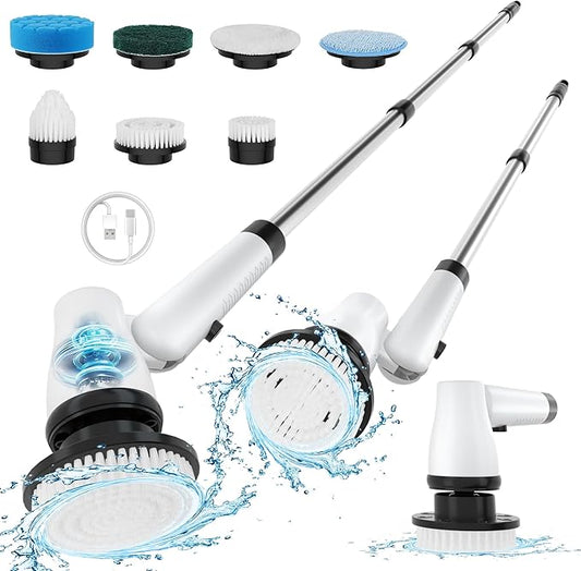 KEROMEE Electric Spin Scrubber Cordless Cleaning Brush with 7 Replaceable Brush Heads & Adjustable Extension Handle, 2 Speed Power Shower Scrubber for Bathroom, Tub, Tile, Floor (White)