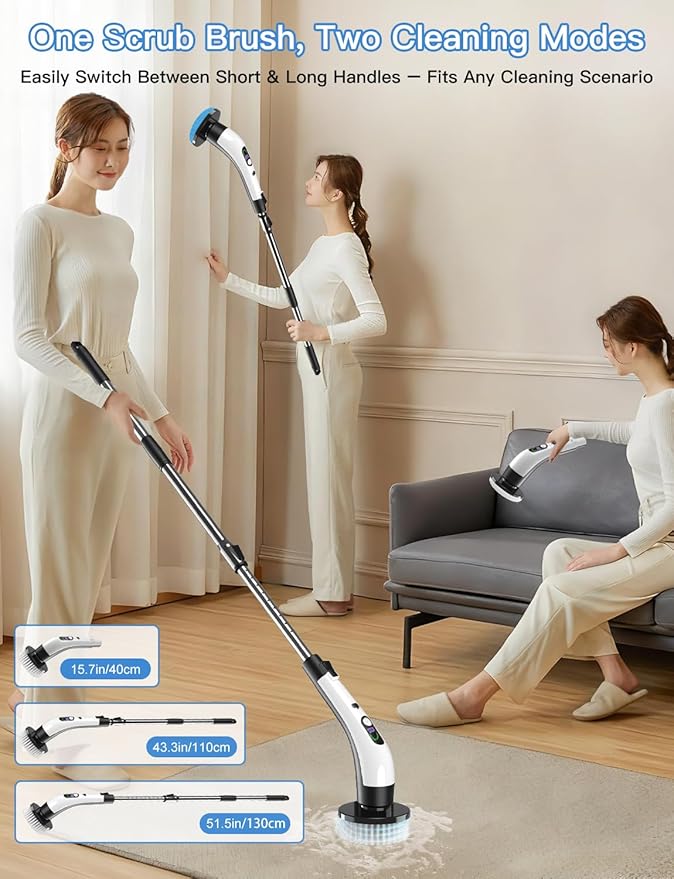 Electric Spin Scrubber with Power LCD Display, Cordless Bathroom Cleaning Brush with Adjustable Extension Handle, 400RPM/Mins, 9 Replaceable Brush Heads, IPX7 Waterproof for Shower, Bathtub, Tile