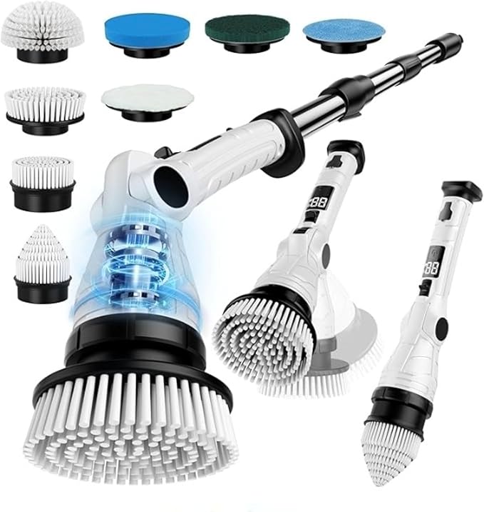 Electric Spin Scrubber, 3-Speed Power Scrubber for Cleaning Bathroom, 6-Angle Adjustable Head Cordless Scrubber with 8 Brush Heads & Long Handle, LCD Display Shower Scrubber for Grout Tile Floor Tub