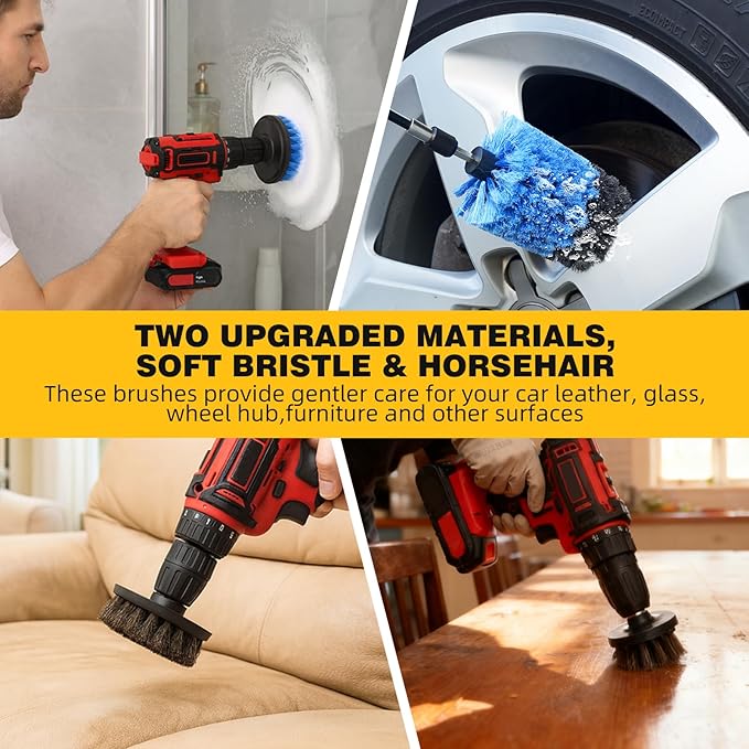 15 Pcs Drill Brush Attachments Set Fluffy Soft and Hard Bristles Horsehair Brush Cleaning Kit Scrub Sponge Polishing Pads for Home Bathroom Car Kitchen Corners Sink Stubborn Stains Tiles