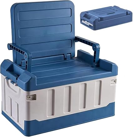 Versatile Foldable Seatable Car Organizer Box 60L Heavy Duty Storage Bins With Lids Trunk,Durable Plastic, Folding Campi