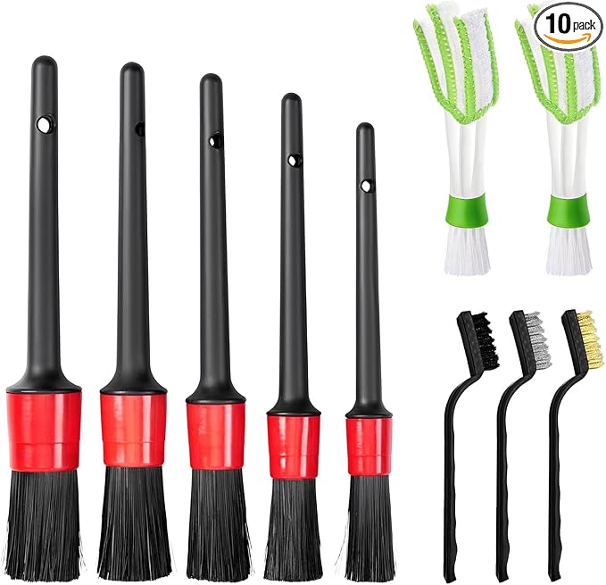 10 PCS Car Detailing Brush Set, Auto Cleaning Kit with Boar Hair & Steel Wire Brushes, A/C Duster, Car Interior Exterior Detailing Kit for Dashboard Engines Leather Wheel