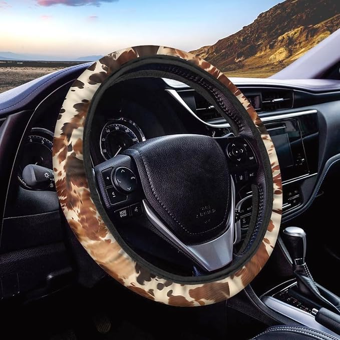 Brown Cow Patterns Print Car Steering Wheel Cover, Full Surround Car Accessories Protective Case Cover, Universal 15 inc