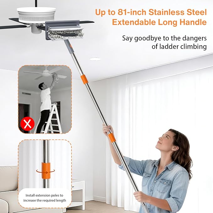 Ceiling Fan Cleaner Duster, 3-in-1 Fan Duster Cleaning Tool with 81'' Extendable Long Handle, Removable Chenille & Microfiber Mop Head Cleaner for Ceiling Fan Blade, Baseboard, Wall, Floor, Window
