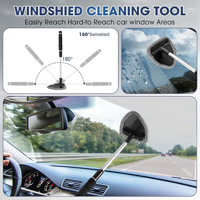 Gray Windshield Cleaner Tool, Car Interior Cleaning Kit with Extendable Handle and 3 Reusable Microfiber Pads, Auto Glass Wiper and Detailing Brush Kit for Car & Home Window